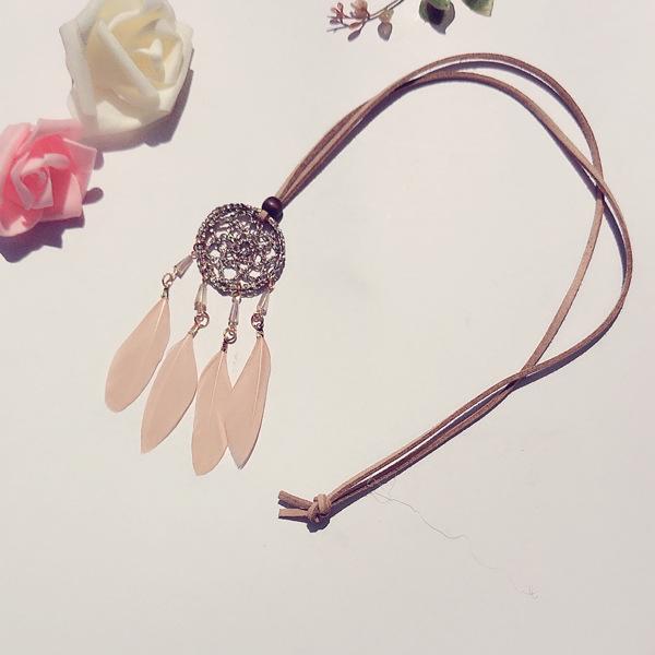 Ethnic Dream Catcher Necklace: Adjustable Velvet Choker with Crystal, Feather, and Clavicle Charms