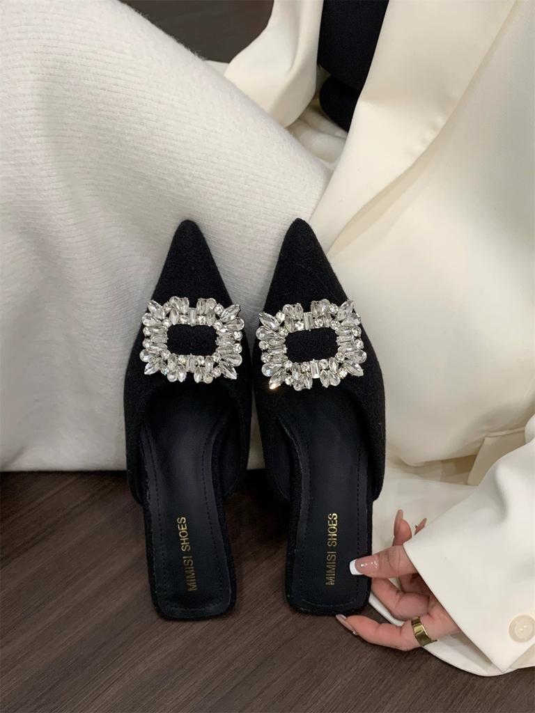 Aphixta Sexy Med Heels Elegant Women Slides Pointed Toe Summer Dress Slides Luxury Crystal Grey Low Heel Slipper Shoes