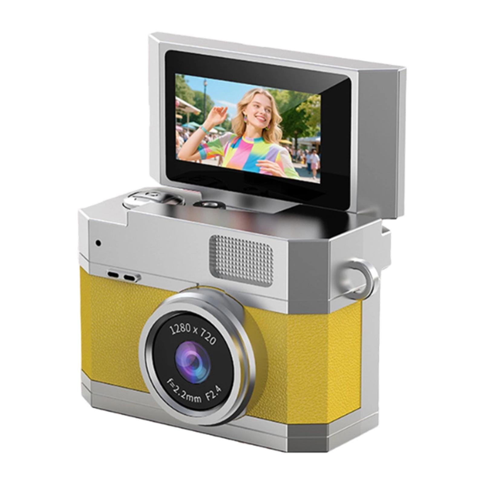 

Кишенькова цифрова камера зі зворотним екраном, Ретро цифрова портативна камера CCD зі зворотним екраном, З екраном, що перевертається на 180°, Режим відео, Камера-брелок для влогів, Для початківців One Size жовтий