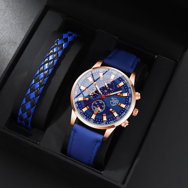 

Набор из 2 предметов DEYROS, модные мужские часы с кожаным ремешком, мужские часы с календарем, мужские повседневные кварцевые часы и браслет, мужские подарки