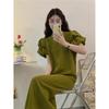 Puff Sleeve Dress for Women with Slightly Fat MM Large Size Summer New Arrival Style Waist-hugging and Slimming French Niche Design Long Skirt