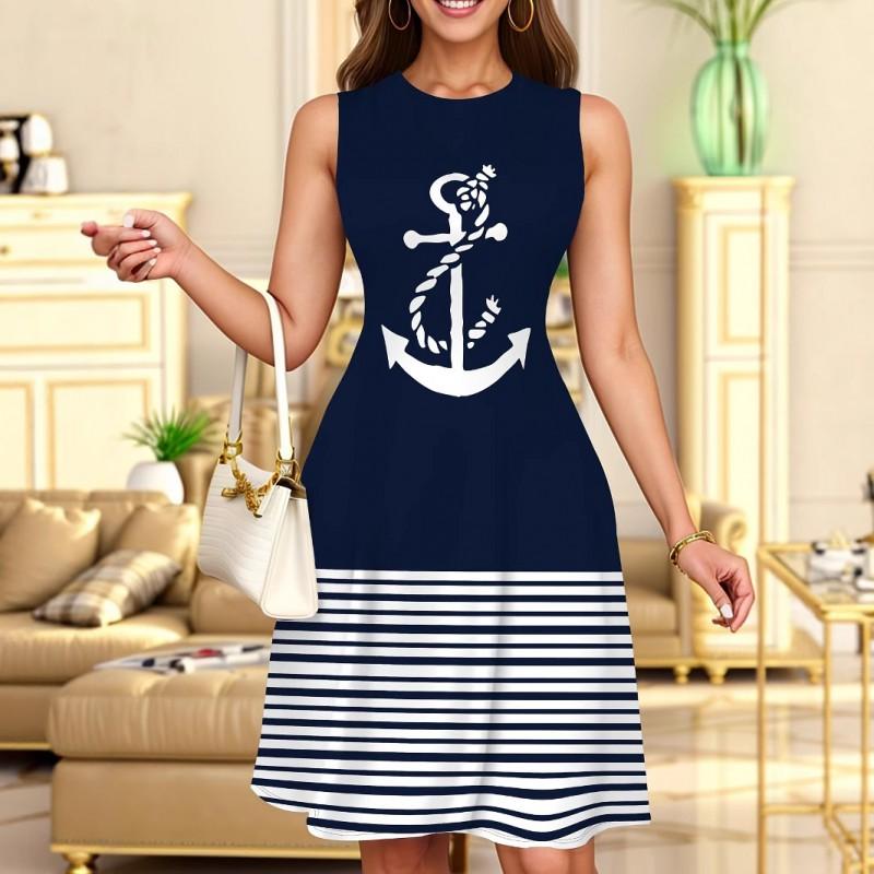 Womens Casual Sleeveless Round Neck Midi Dress With 3D Print Breathable Comfort Fit Elegant Office Style