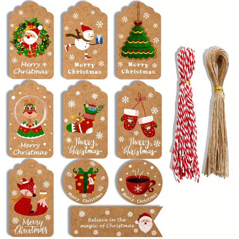 100 Stück Weihnachtliche Hängekarten für Geschenke Baum Deko Kraftpapier Etiketten mit Weihnachtsmann Feiertagsmustern für Weihnachtsdekoration