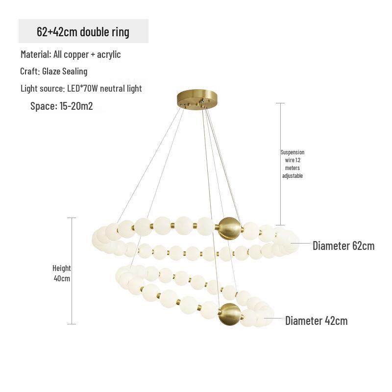 Nordic All-Copper Chandelier: French Pearl Necklace Design with Buddhist Beads and Acrylic for Dining and Living Rooms