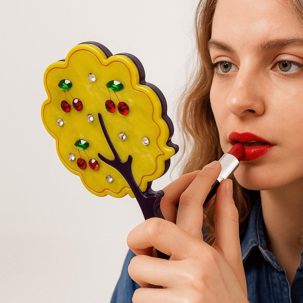 Cute Cherry Acetate Makeup Mirror Rhinestone Colorful Tree Shape Mirror Cartoon High Definition Handle Portable Mirror Girl