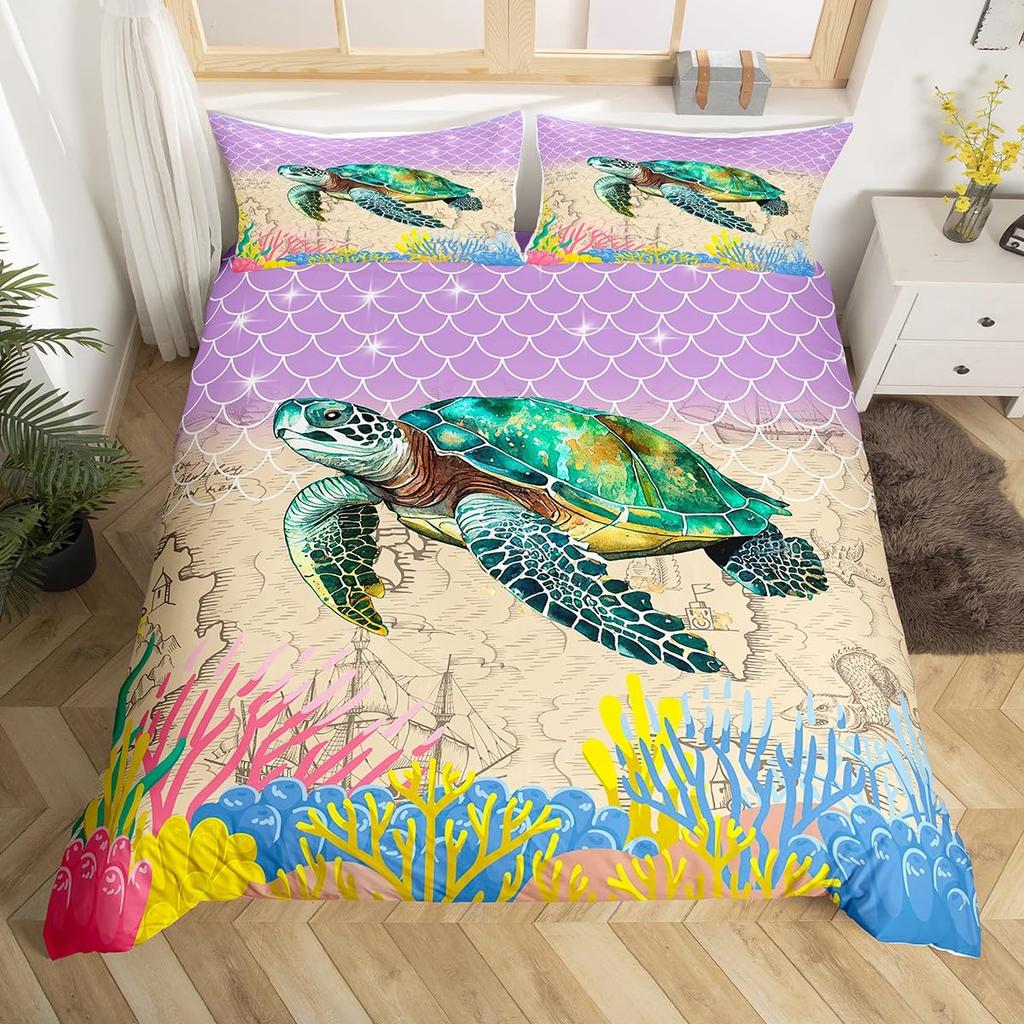Sea Turtle Duvet Cover Full Size,Ocean Bedding Set for Kids Teens,Beach Comforter Cover,1 2 Pillowcases 3 Piece for Teens Boys
