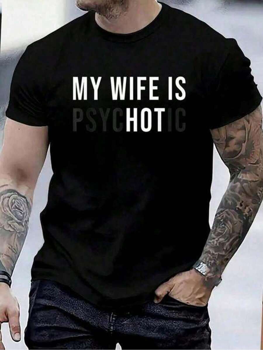 1pc Mens Clothes Wife Quote Print Black TShirt, Unisex Casual Crew Neck Tshirt, Plus Size Men s S разноцветный