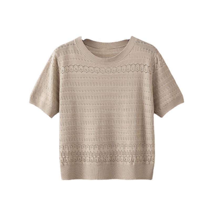 Tricou cu mânecă scurtă pentru femei, cu gât rotund, slăbit, stil la modă de vară, tricou casual confortabil, tricou tricotat, respirabil, cu design gol