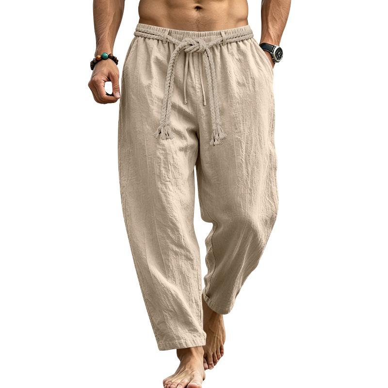 New Men’s Casual Linen Hawaiian-style Holiday and Commuter Trousers: Breathable, Drawstring, Straight-leg, Cotton-linen Blend