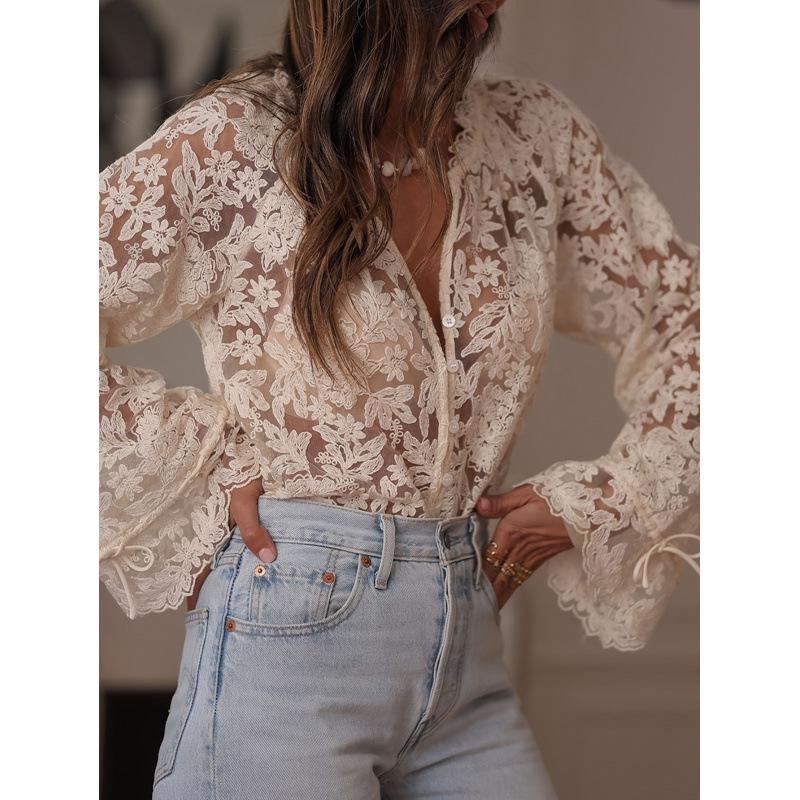 Damska casualowa koszula koronkowa w stylu koreańskim 2025 - Nowy ażurowy design