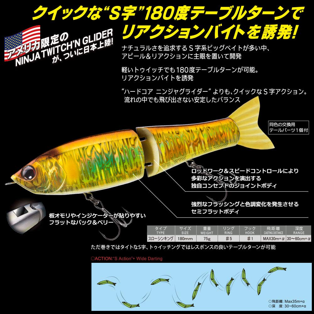 DUEL HARDCORE Big Bait Hardcore Ninja Glider 180SS for Bass Fishing Twitchin' Lure, Weight 75g, R1202-MUG,