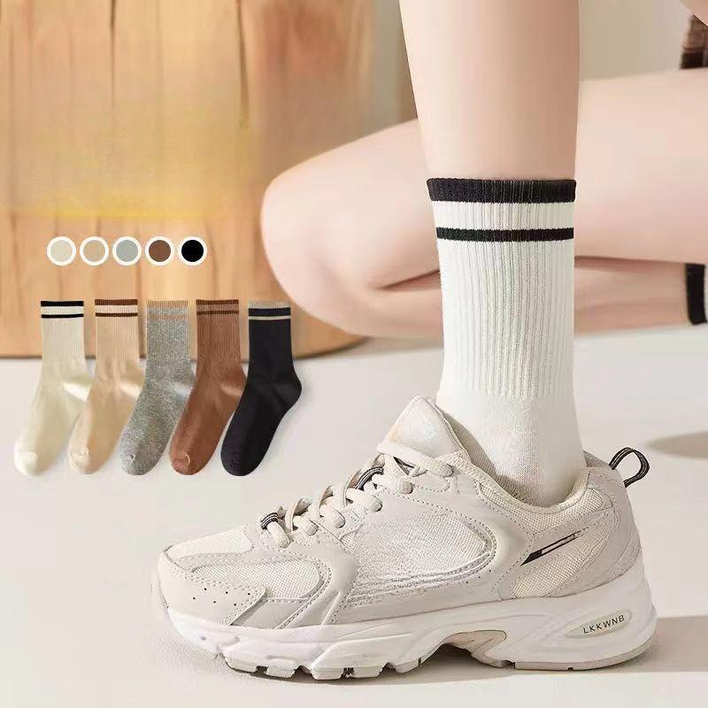 5 Pairs of Socks, Women's Mid-calf Socks, Sports Socks, Striped Two-bar College Cotton Socks, Casual and Breathable