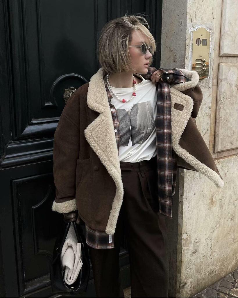 Lambswool Asymmetrical Single-Breasted Jacket - Casual Loose Fit for Autumn/Winter