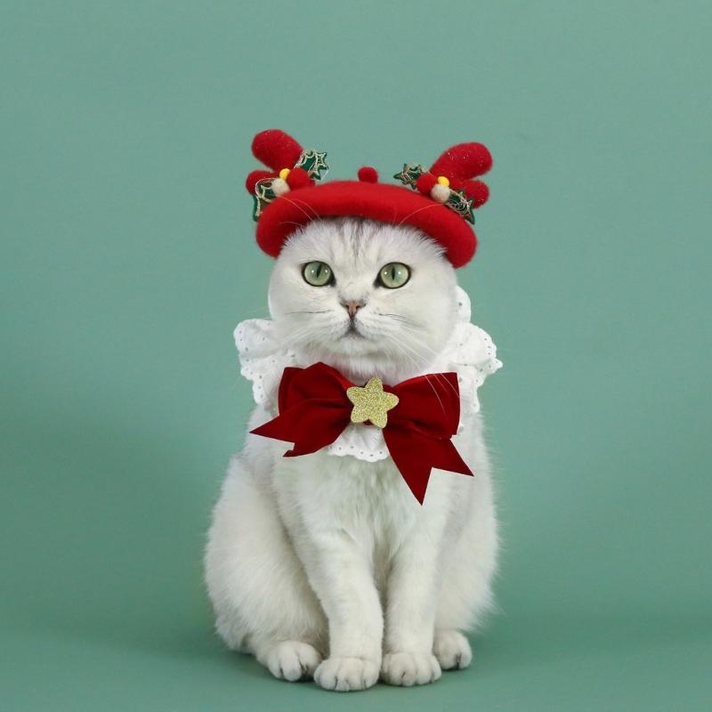 Puppy Christmas Supplies Beret Hat with Necklace Photo Props Festive Collar Christmas Photo Props Supplies