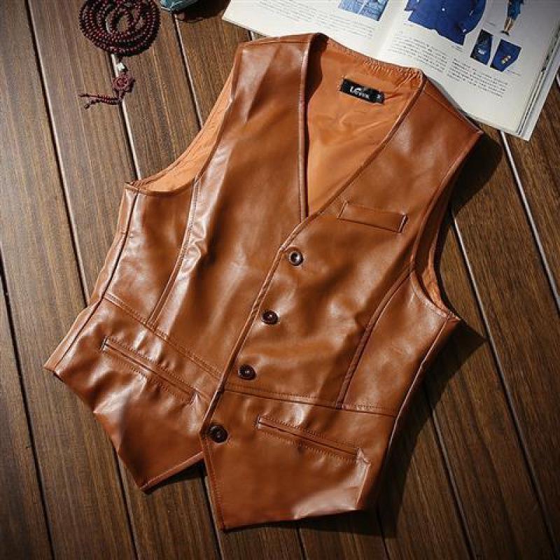 Men's Slim Fit PU Leather Sleeveless Vest - Spring and Autumn Western Cowboy Style