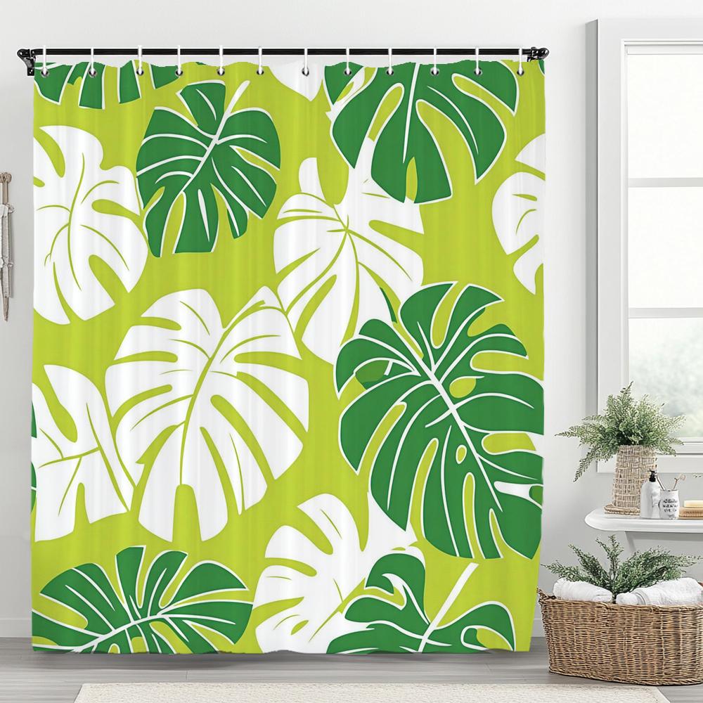 Tropical Plant Leaves Shower Curtain for Bathroom Romantic Wildflower Plants Nature Scenery Decorative Curtain Set with Hooks