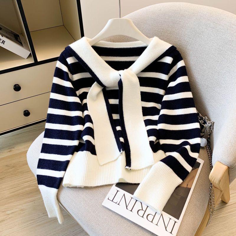 Süßer Herbst Neuer Retro Marinekragen Gestreifter Vielseitiger Strickpullover Feminines Langarm-Oberteil