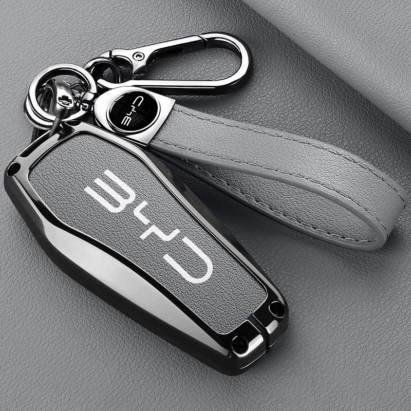 Styling Mouldings Alloy Leather Car Smart Remote Key Case Cover Emblem Accessories For BYD Song Pro Tang Dmi QIn PLUS MAX Yuan E