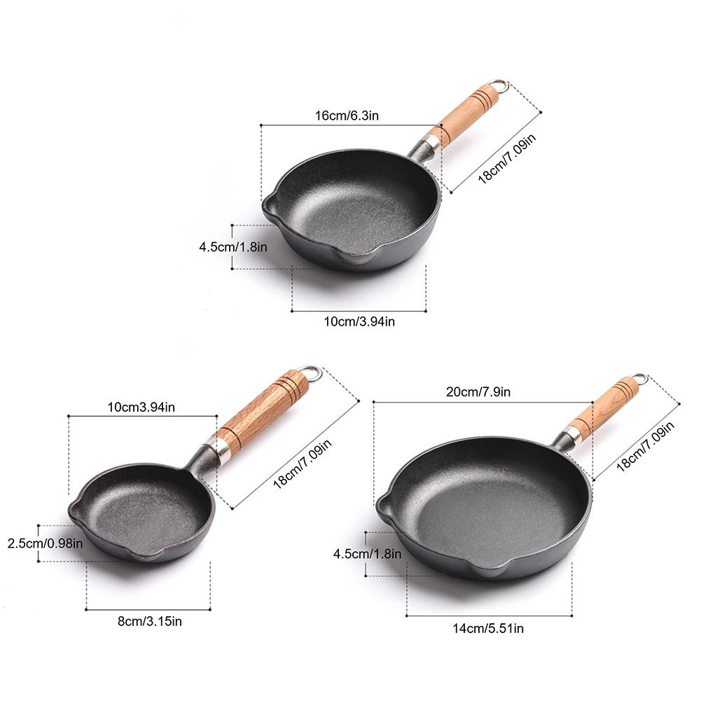 4/6/7.8 Inch Cast Iron Skillet Non Stick Frying Pan with Wood Handle Fry Pan with Double Drip-Spouts for Indoor & Outdoor Use