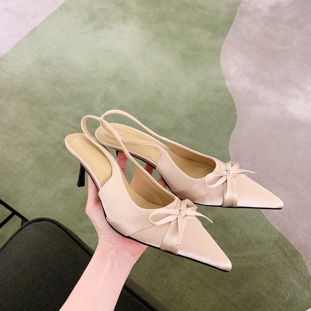 Grape Mother, the Same Style Shows Leg Length 7cm, Small Stiletto Heel, Satin Bow, Pointed Head, Rear Empty Single Shoes, French Bag Head Sandals.