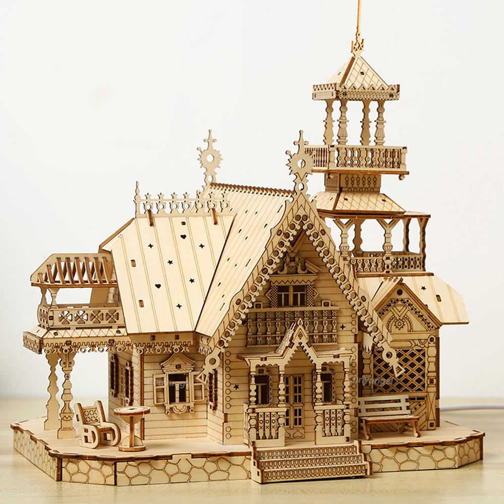 DIY Villa 3D Wooden Model Kit with Light Castle Puzzles Assembly Toy Kid Adult DIY Model Kits Desk Decoration for Gift