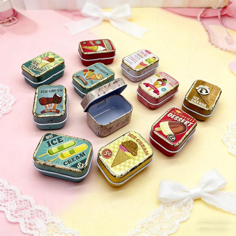 Retro Metal Storage Tin Box Ice Cream Pattern Sealed Lid Durable Small Organizer for Jewelry Rings Craft Small Parts