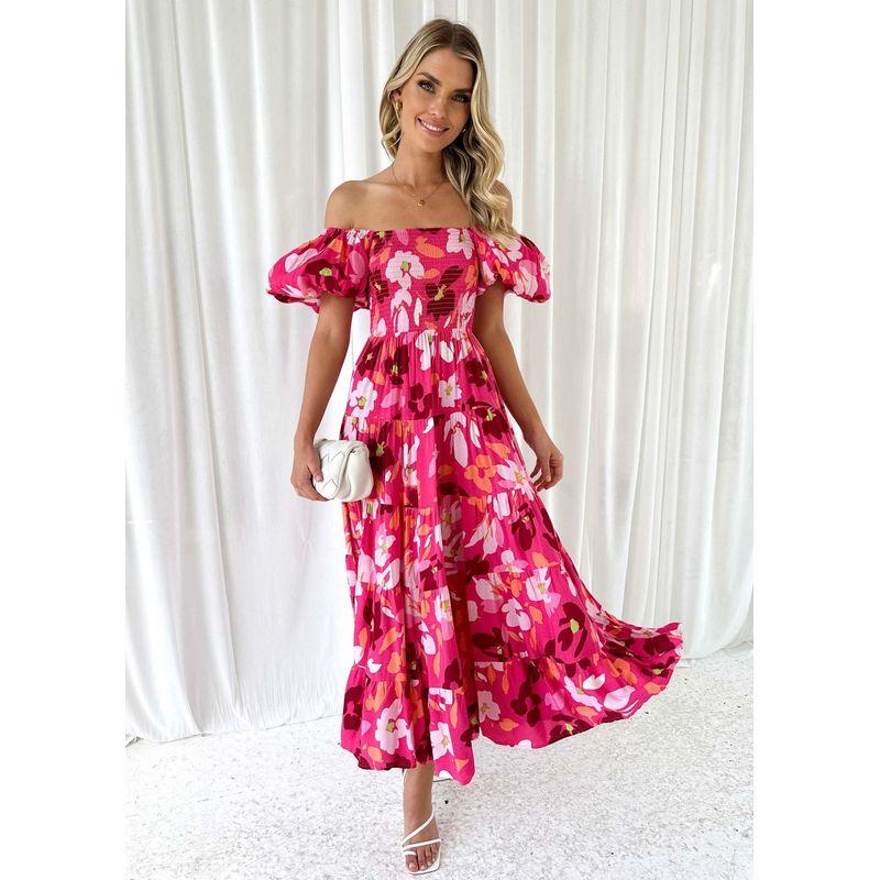 2025 Europe and America Cross Border Spring/Summer New Arrival off-Neck Print Puff Sleeves Silm Mid-Length Tulle Tutu Dress Dress