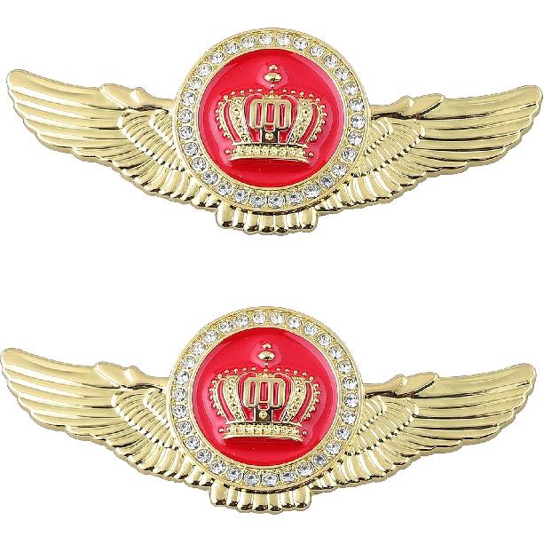 2pcs Wing Circular Crown Emblems,Crystal Diamond Crown Car Stickers Decals Decoration for All Car (Gold Black)