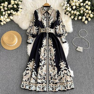 Hofstijl Retro Afdrukken Een Stuk Jurk Dames Temperament Polo Kraag Elegante Midi Jurken Vrouwelijke Franse Riem Hoge Taille Chique Jurk 2024