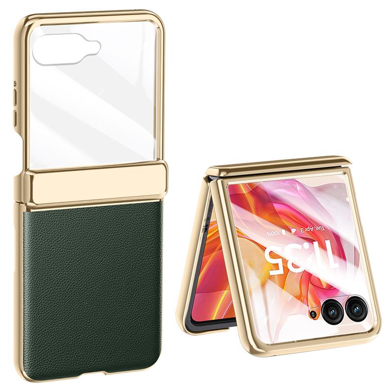 For Motorola Razr 50 Ultra 5G Case with Rear Small Screen Protector Hinge Protection Leather Back Cover Electroplated Edge