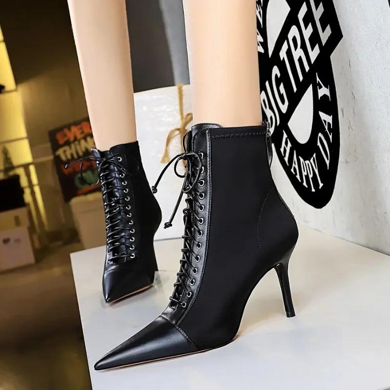 Autumn Winter Boots for Women Ankle Boot Zipper 8CM Stiletto Thin Heel Shallow Mouth Pointed Crossed Strap Short Boot