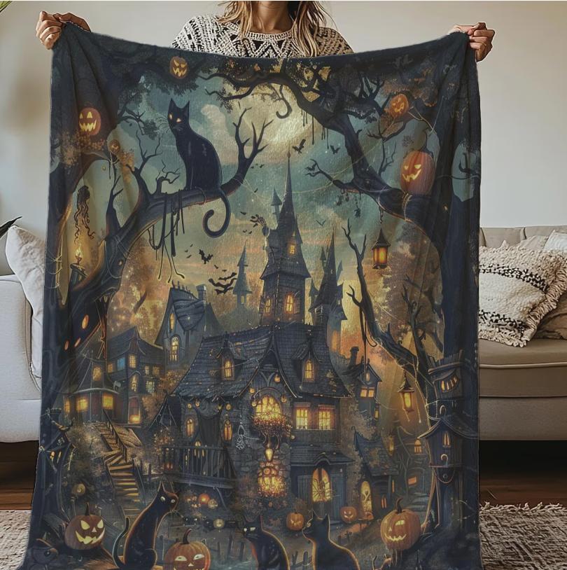 Haunted House Blanket, Gothic Spooky Halloween Throw, Cozy Fall Decor Blanket