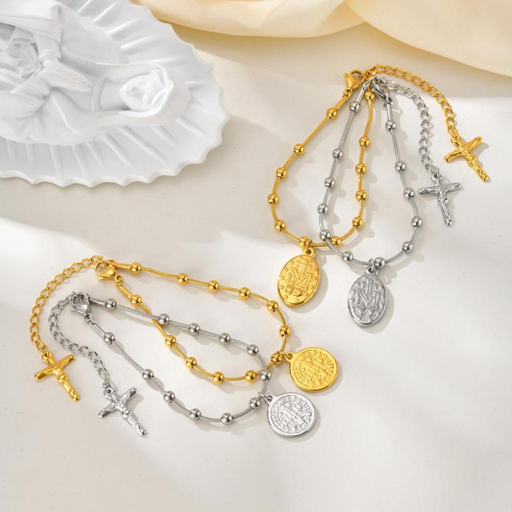 Holy Rosary Cross Virgin Mary Charm Bracelet for Women, Double Sides Religious Prayer Beaded Bracelet, Stainless Steel Jewelry