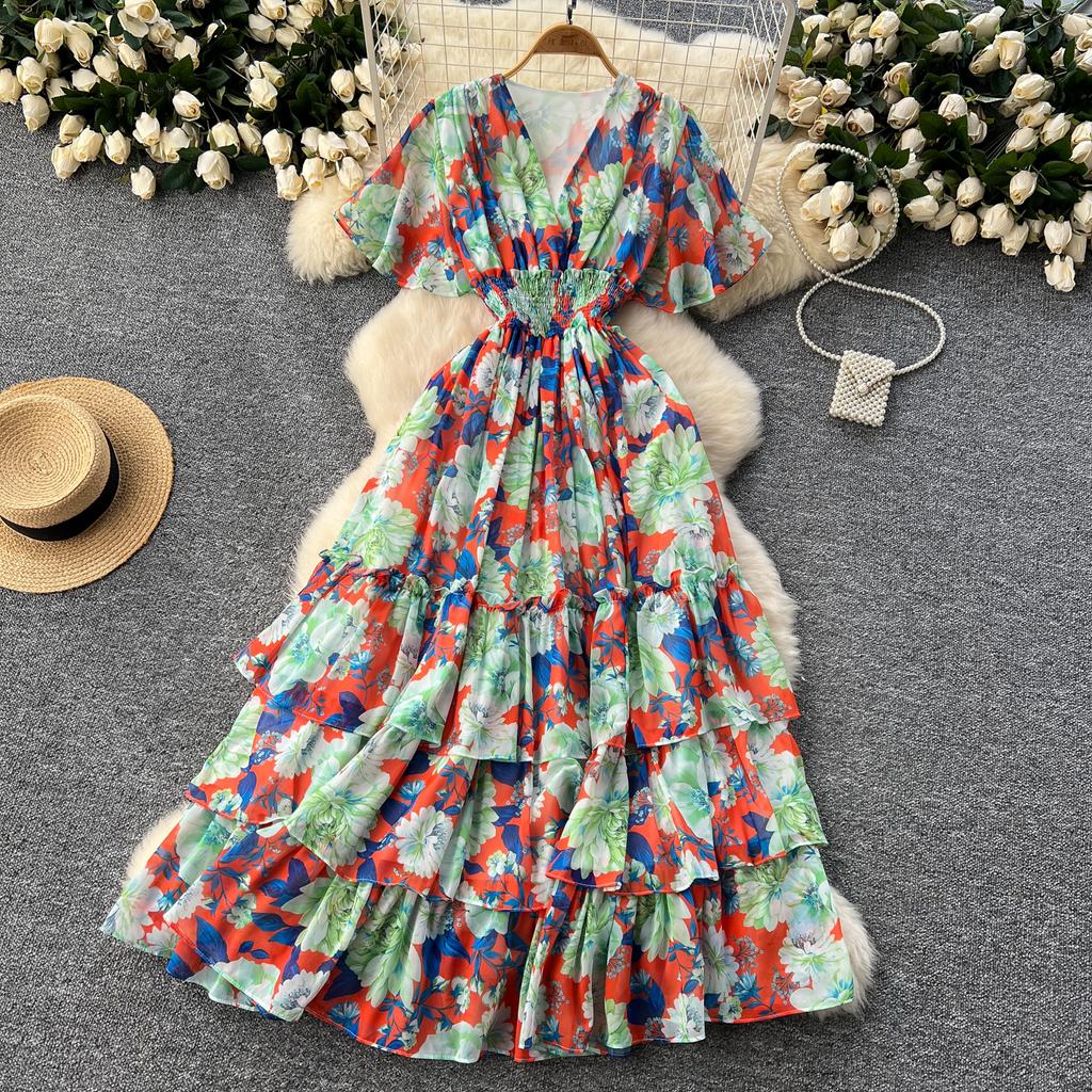 Retro V-Ausschnitt Schmetterlingsärmel Druck Chiffon Elegantes Sommerkleid A-Linie Schlagärmel Urlaubsdruck Damenkleider