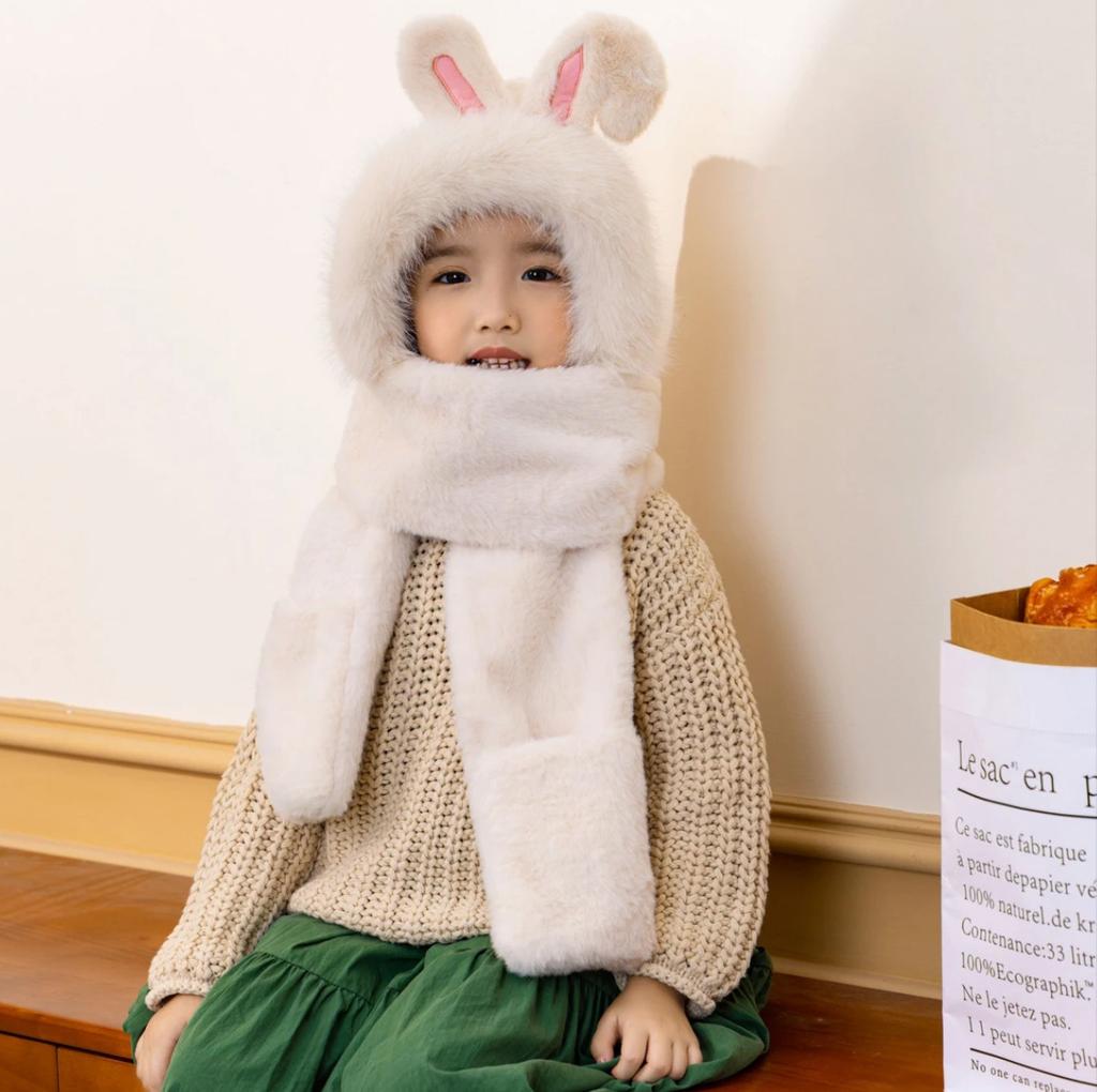 Winter Rabbit Ear Hat, Scarf Set, Cute Women'S Korean Style Thickened Fleece Warm Neck Scarf Three-Piece Set