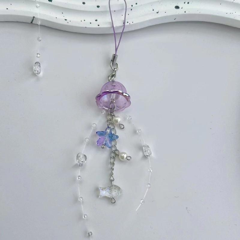 Elegant Jellyfish Inspired Phone Charm Portable Keychain with Crystal Star and Pearls Accents for Phone Accessorizing