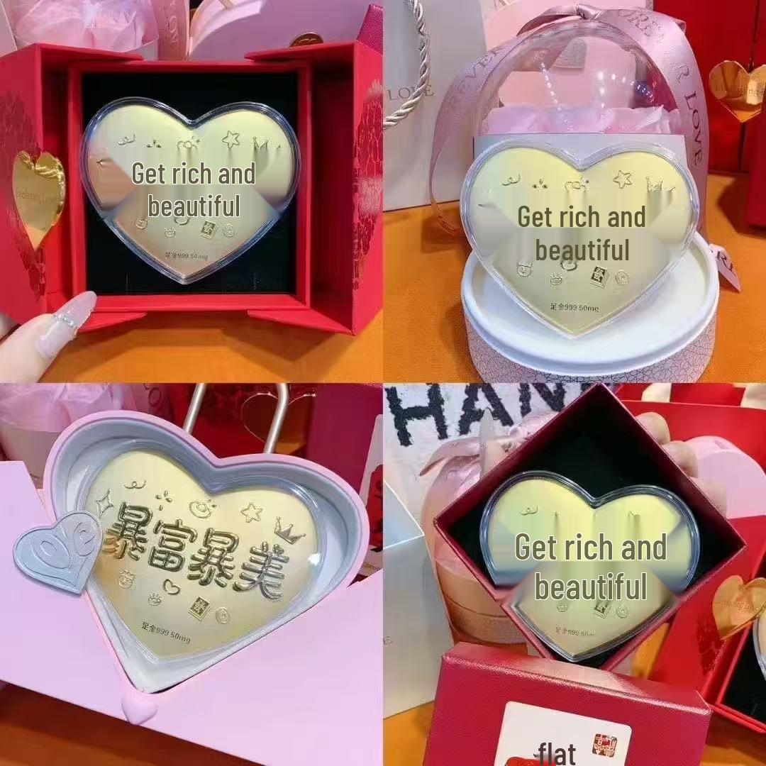 999 Pure Gold Heart Cake Souvenir - Wedding & Qixi Festival Gift for Girlfriend Gold Not Included