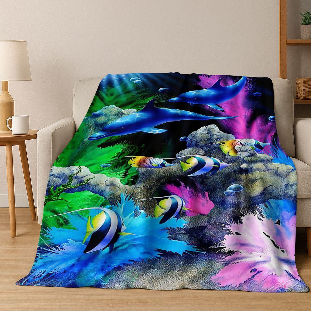 Dream Underwater World Sea Dolphin Turtle Coral Art Flannel Blanket,Cozy Soft Throw Blanket for Home Bedroom Bed Sofa Gift Kids