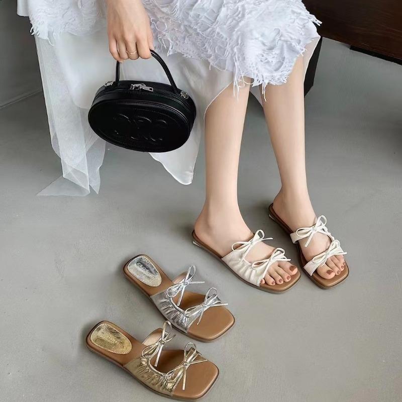 New Summer Sandals Women's Beach Shoes Bow Slippers Women's Summer Wear Silver Thick Heels