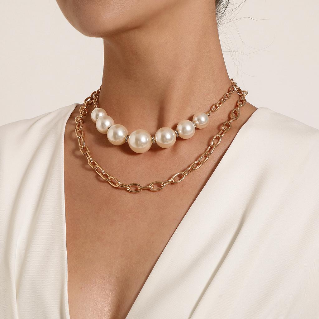 Diamond-set large pearl multi-layer necklace women, personalized retro exaggerated punk chain necklace