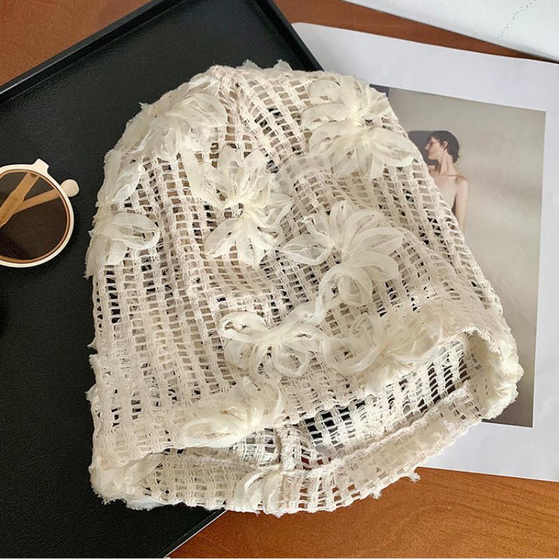 Women's Spring Summer Flower Hollowed Out Pile Cap Thin Breathable Big Head Circumference Toe Cap Korean Version Face Enhancing Small Cold Hat