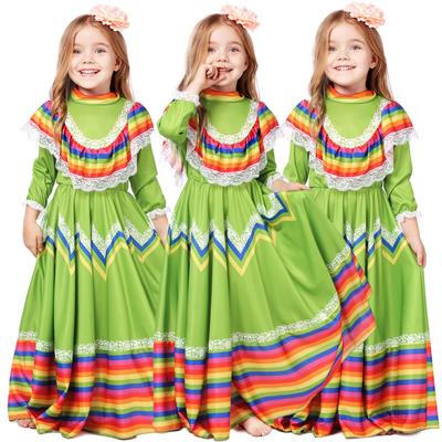 Children's  Long Sleeve Round Neck Loose Printed Long Mexican Dress