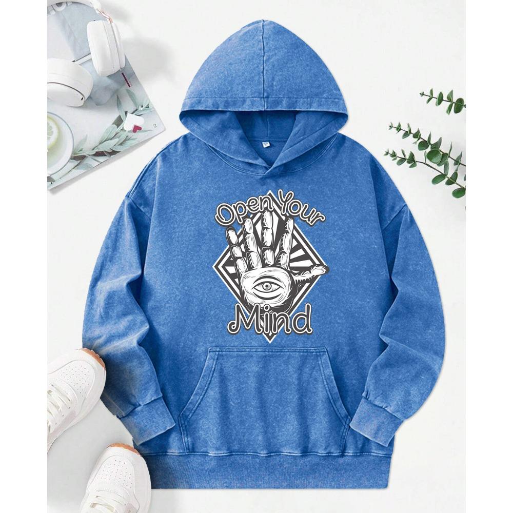 Open Your Mind Hand Print Women Snow Wash Hoodies Fashion Oversize Hoody Casual Pocket Sportswears Cotton Clothing