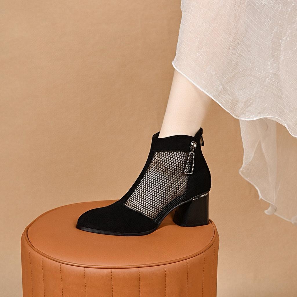 High-heeled mesh shoes women's spring and summer new black mesh water drop buckle breathable thick-heeled high-heeled shoes cool boots fashion shoes