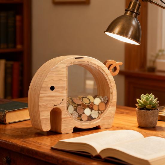 Wooden Elephant Piggy Bank Kids Coin Bank Savings Jar with Transparent Window Cute Unbreakable Money Box Birthday Gift for Boys Girls
