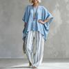 Women T-shirt Pants Two Piece Set Summer O-Neck Short Batwing Sleeves Shirt Striped Trousers Loose Casual Top Pants Suit
