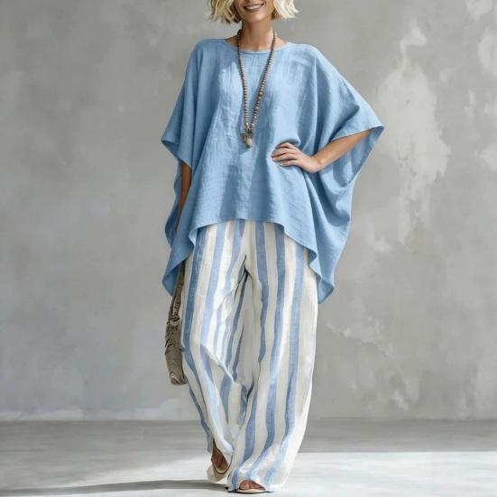 Women T-shirt Pants Two Piece Set Summer O-Neck Short Batwing Sleeves Shirt Striped Trousers Loose Casual Top Pants Suit