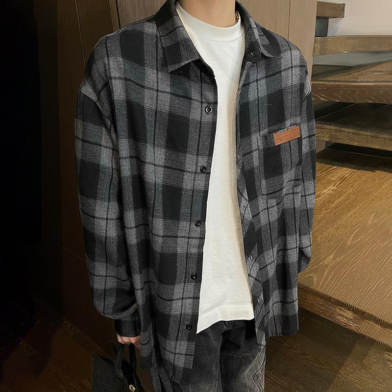Homlean American Retro Plaid Shirt for Men, Spring And Summer Hong Kong Style Loose Casual Long-Sleeve Shirt Jacket HL09 Coffee Plaid 5XL