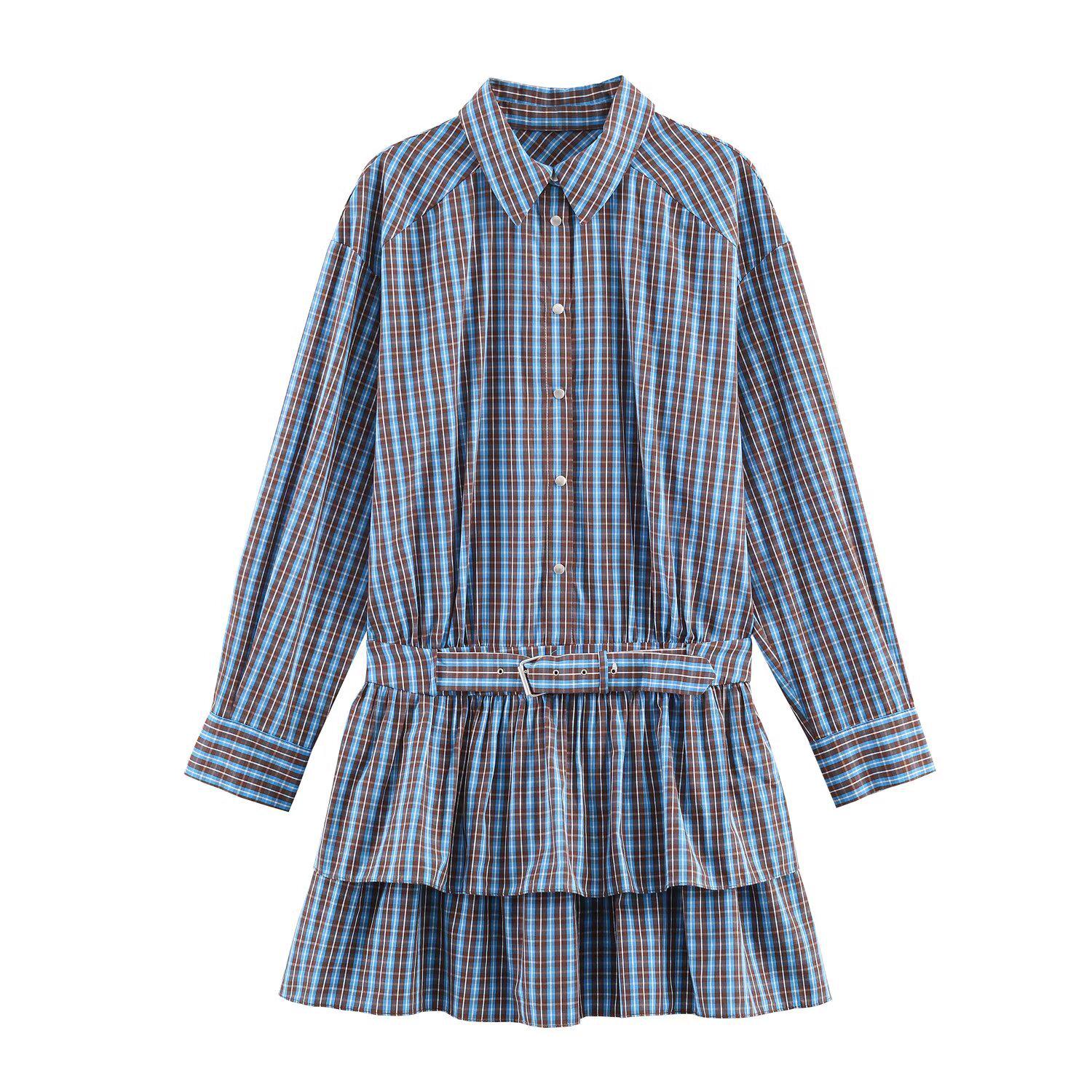 

European & American Style Women s Long-Sleeved Plaid Layered Dress with Belt, 2026 Spring Collection. Large