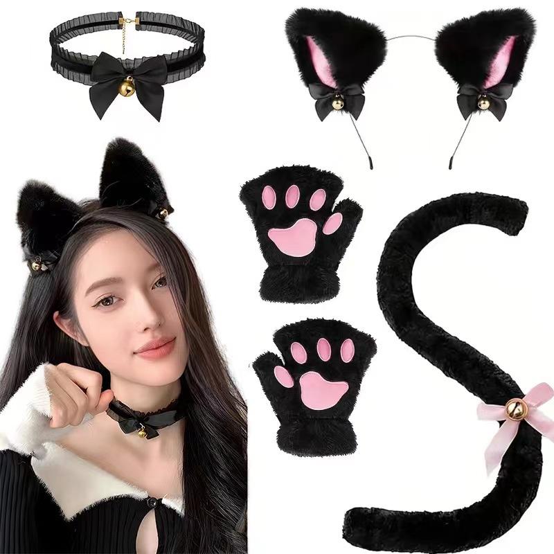 Cartoon Cute Cat Claw Paw Gloves Hairband Tail Set Sexy Masquerade Cosplay Cat Ear Party Costume Bow Bell Headwear Accessories